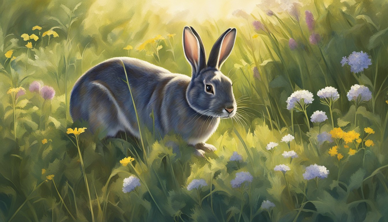 A rabbit nibbles on wild prairie turnips, surrounded by tall grasses and wildflowers. Sunlight filters through the trees, casting dappled shadows on the foraging animal