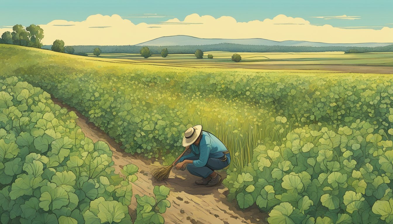 A sunny prairie with scattered wild turnip plants, a figure stooping to harvest