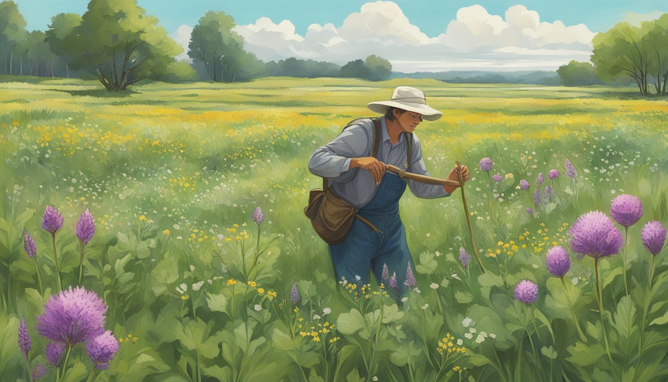 A person gathering wild prairie turnips in a grassy prairie field, surrounded by tall grass and wildflowers