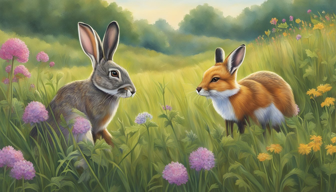 A rabbit nibbles on wild prairie turnips while a fox watches nearby, surrounded by tall grasses and blooming wildflowers