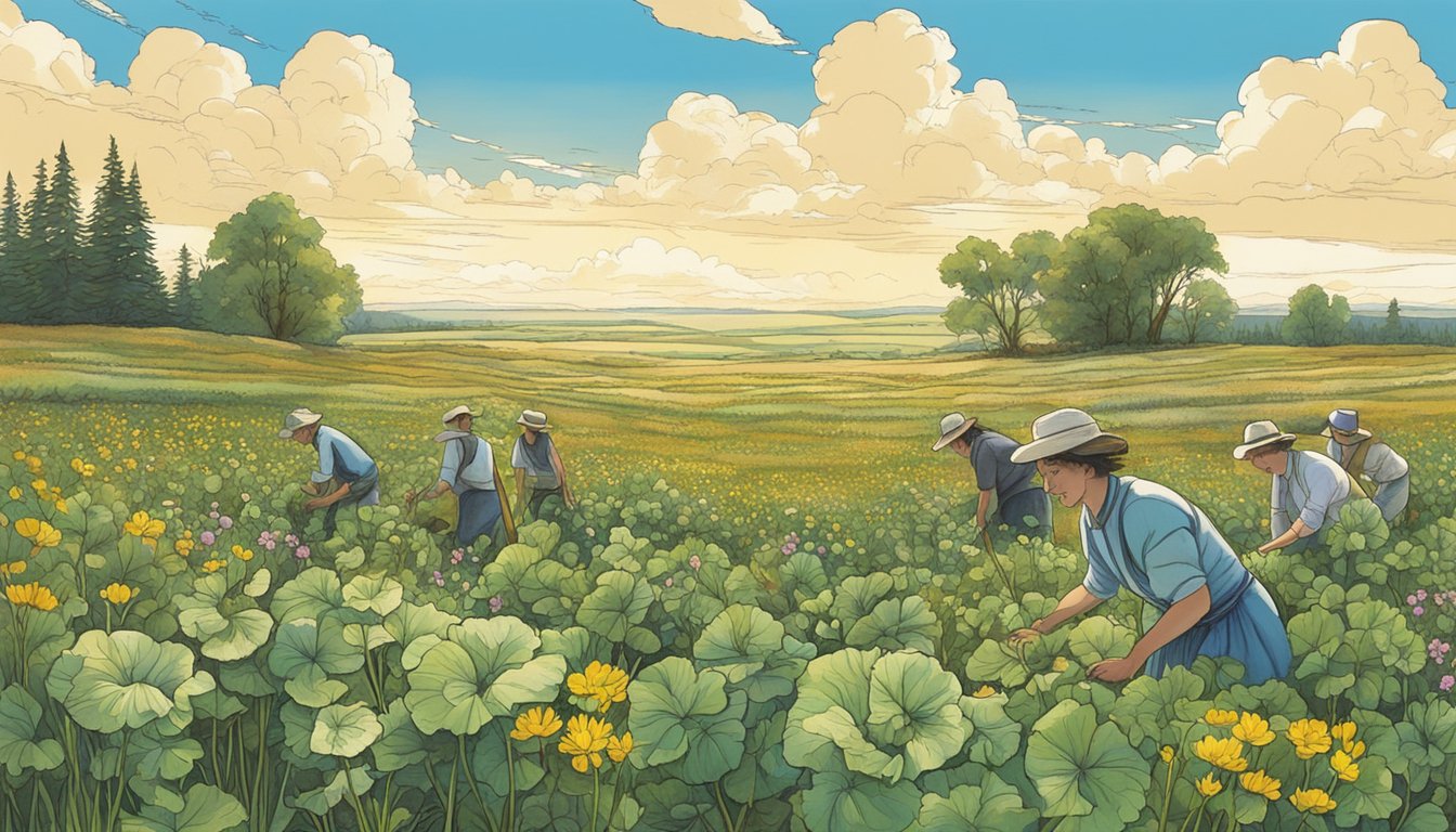 Prairie turnips being gathered from the earth, surrounded by tall grasses and wildflowers under a bright blue sky