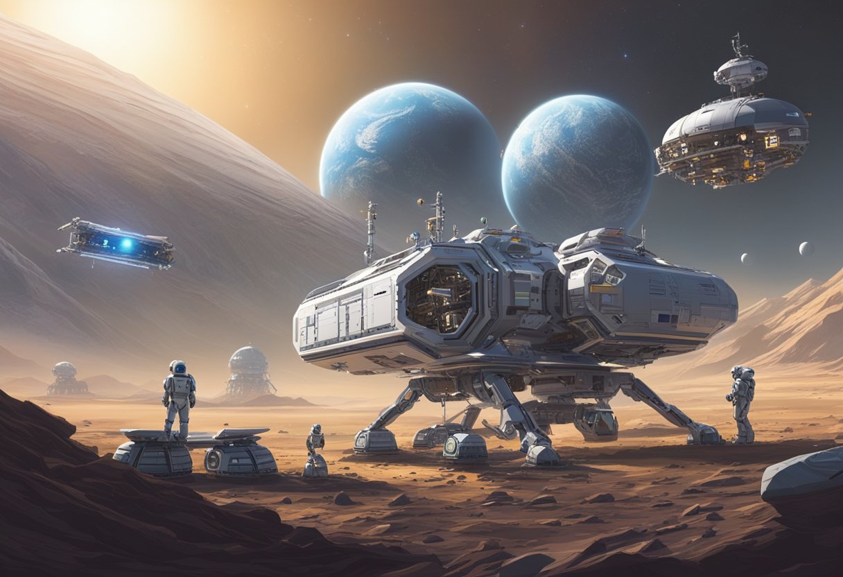 A space station orbiting a distant planet, with AI-controlled robots performing maintenance and repairs on advanced technology