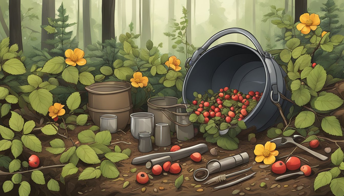 A forest floor with wild rose bushes, ripe rose hips, and foraging tools