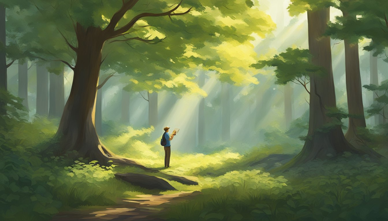 A lush forest clearing with dappled sunlight, where a figure kneels to harvest wild sassafras plants, surrounded by towering trees and a sense of tranquility