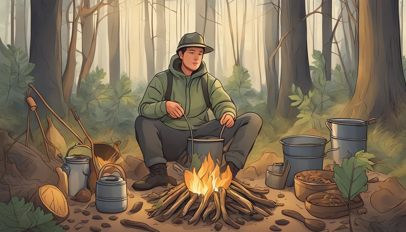 A person holding a basket of sassafras leaves and roots in a forest clearing, surrounded by various cooking utensils and a campfire