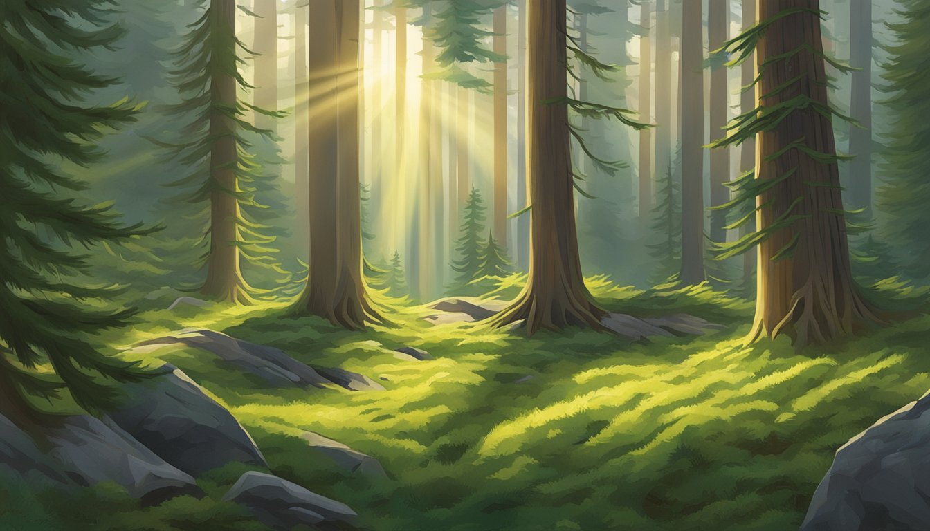 Sunlight filtering through tall spruce trees, illuminating a forest floor covered in vibrant green spruce tips. Birds chirp in the background as someone carefully gathers the fresh, aromatic tips