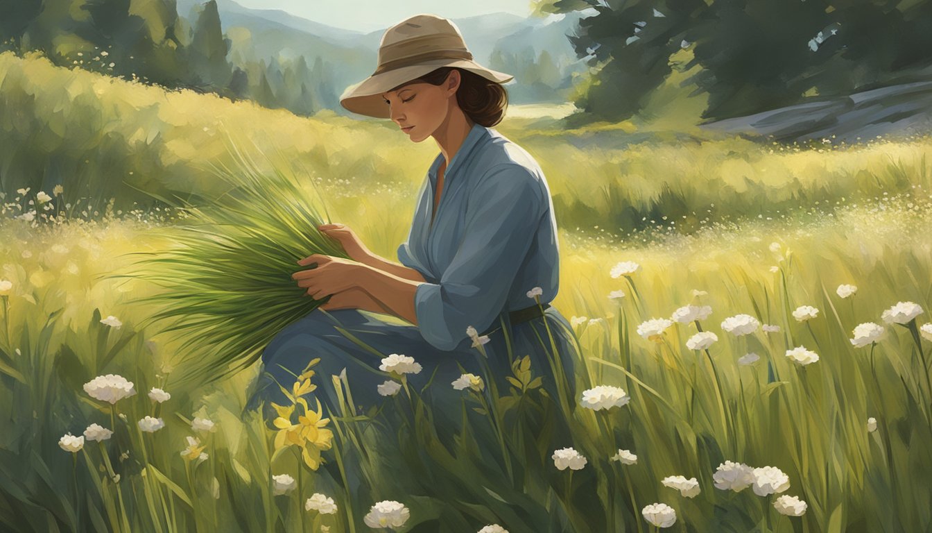 A figure gathers sweetgrass in a sun-dappled meadow, surrounded by tall blades and delicate flowers