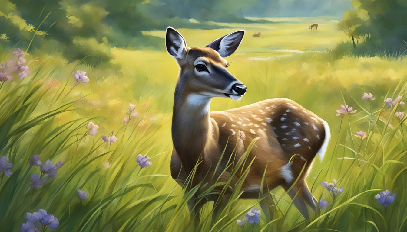 A deer delicately nibbles on sweet grass, surrounded by a lush meadow teeming with wildlife