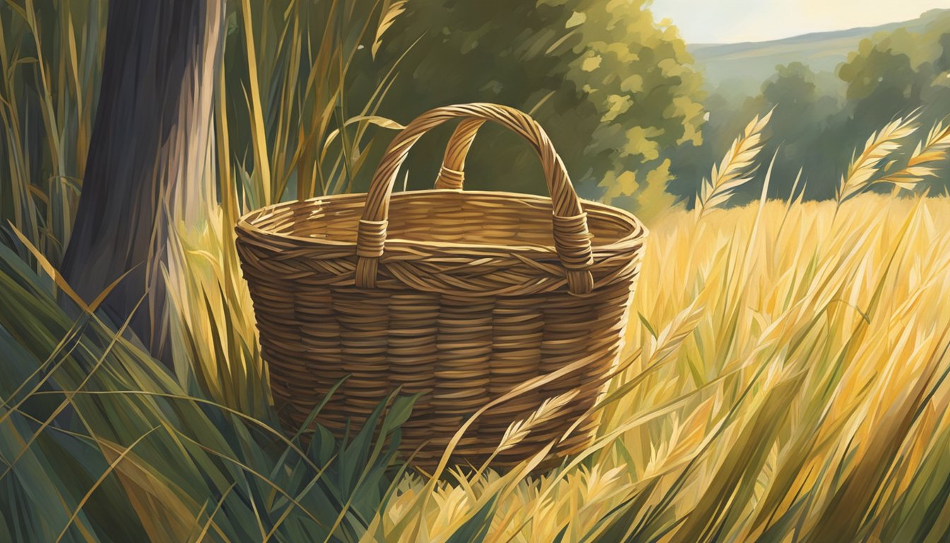 Sunlight filters through tall grass as hands gently gather sweet grass. A woven basket sits nearby, filled with the day's harvest