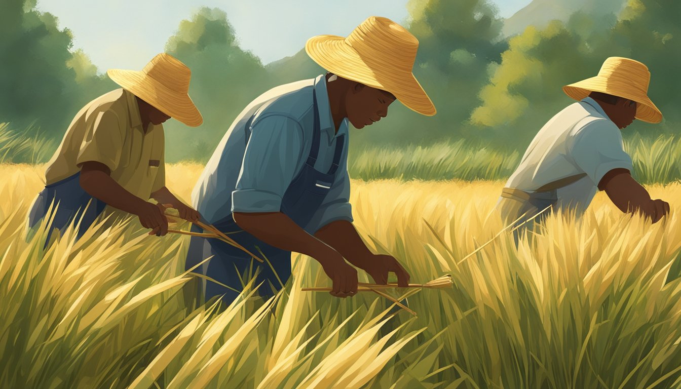 Sunlight filters through tall sweetgrass stands as workers carefully harvest the fragrant blades. Baskets overflow with the golden-green grass, ready for management and use