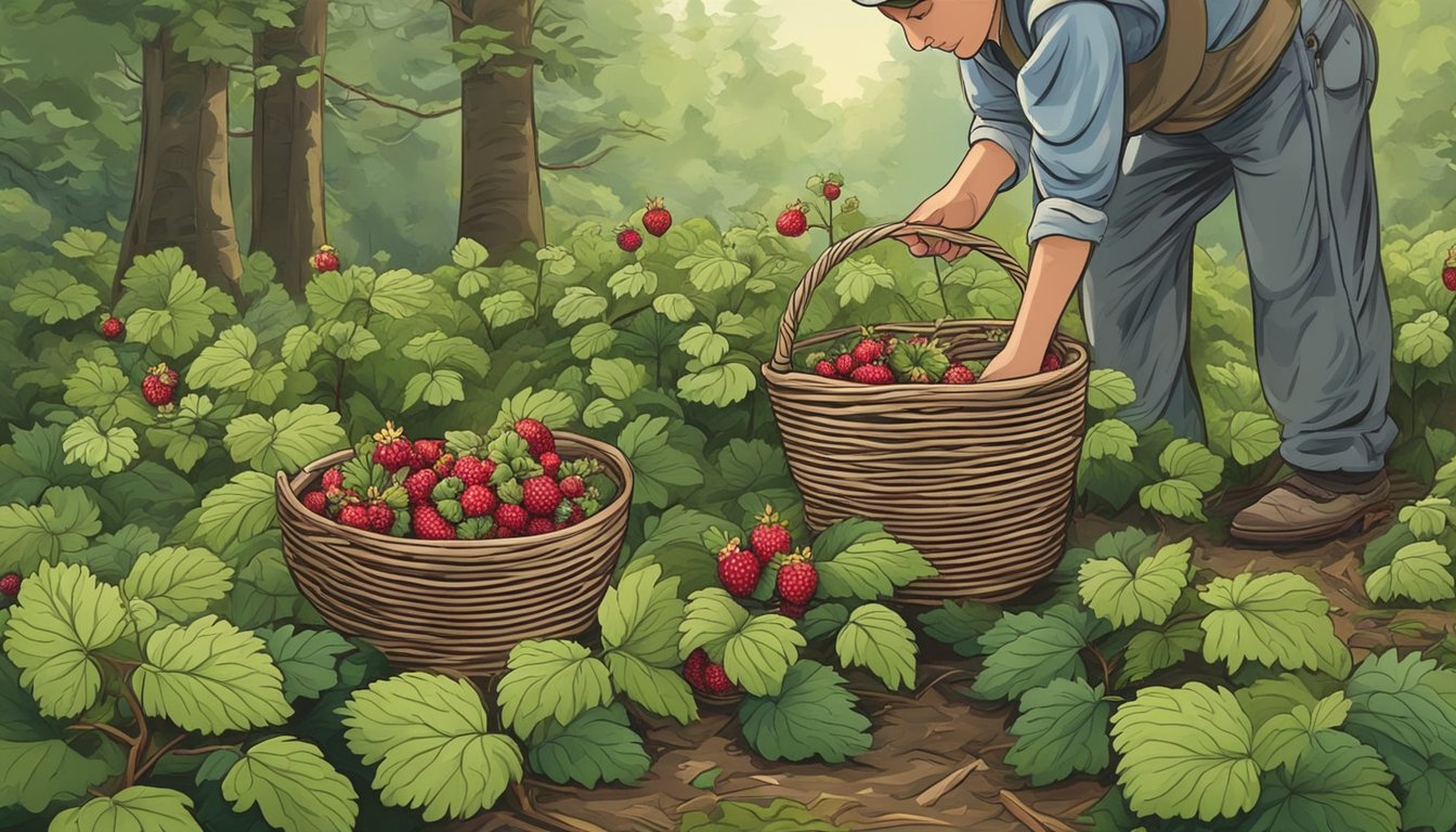 A person gathers ripe thimbleberries from a bush in a forest clearing. They carefully place the berries in a woven basket for preservation