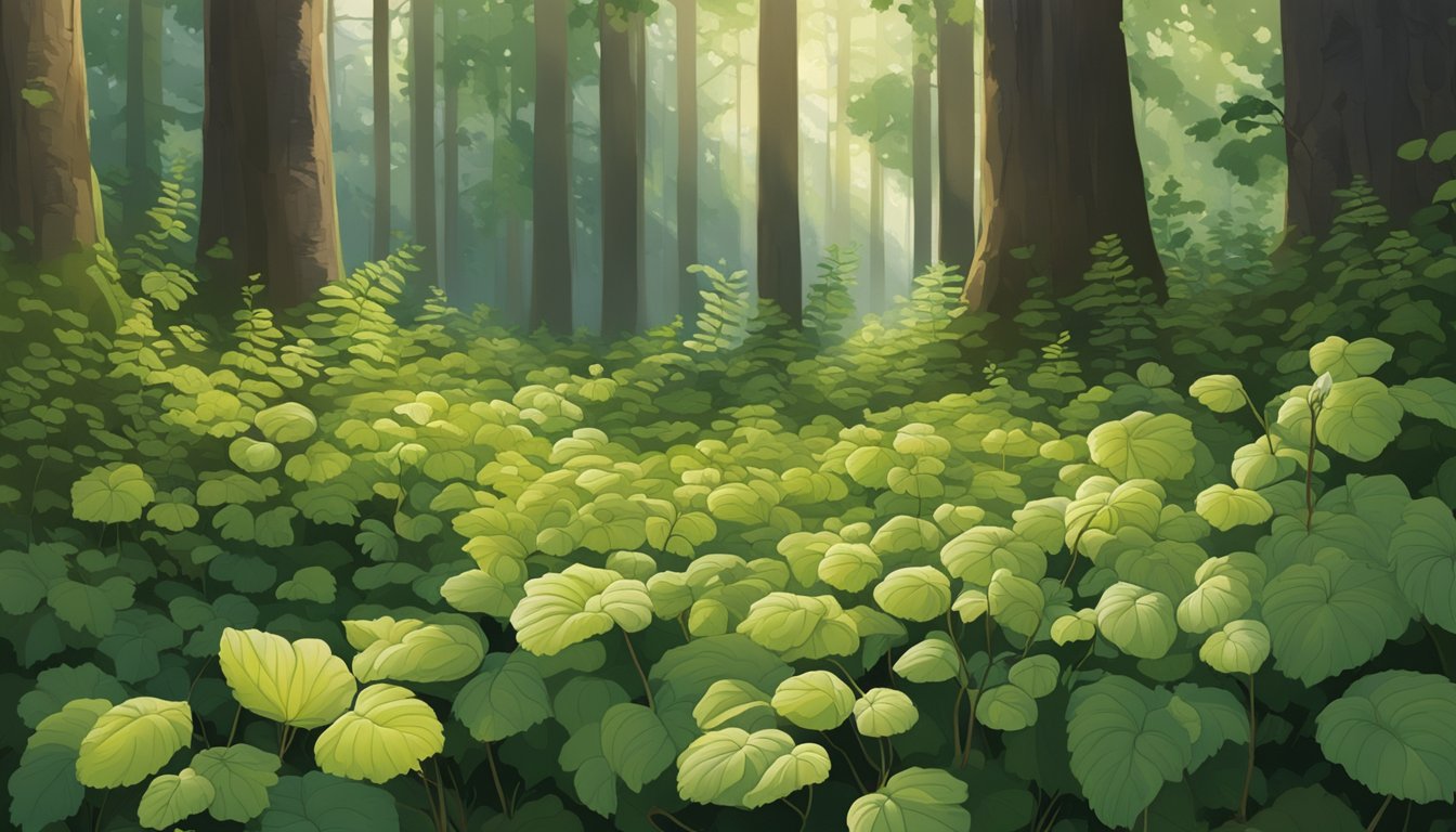 A forest floor scattered with ripe thimbleberries, surrounded by lush green foliage and dappled sunlight filtering through the trees