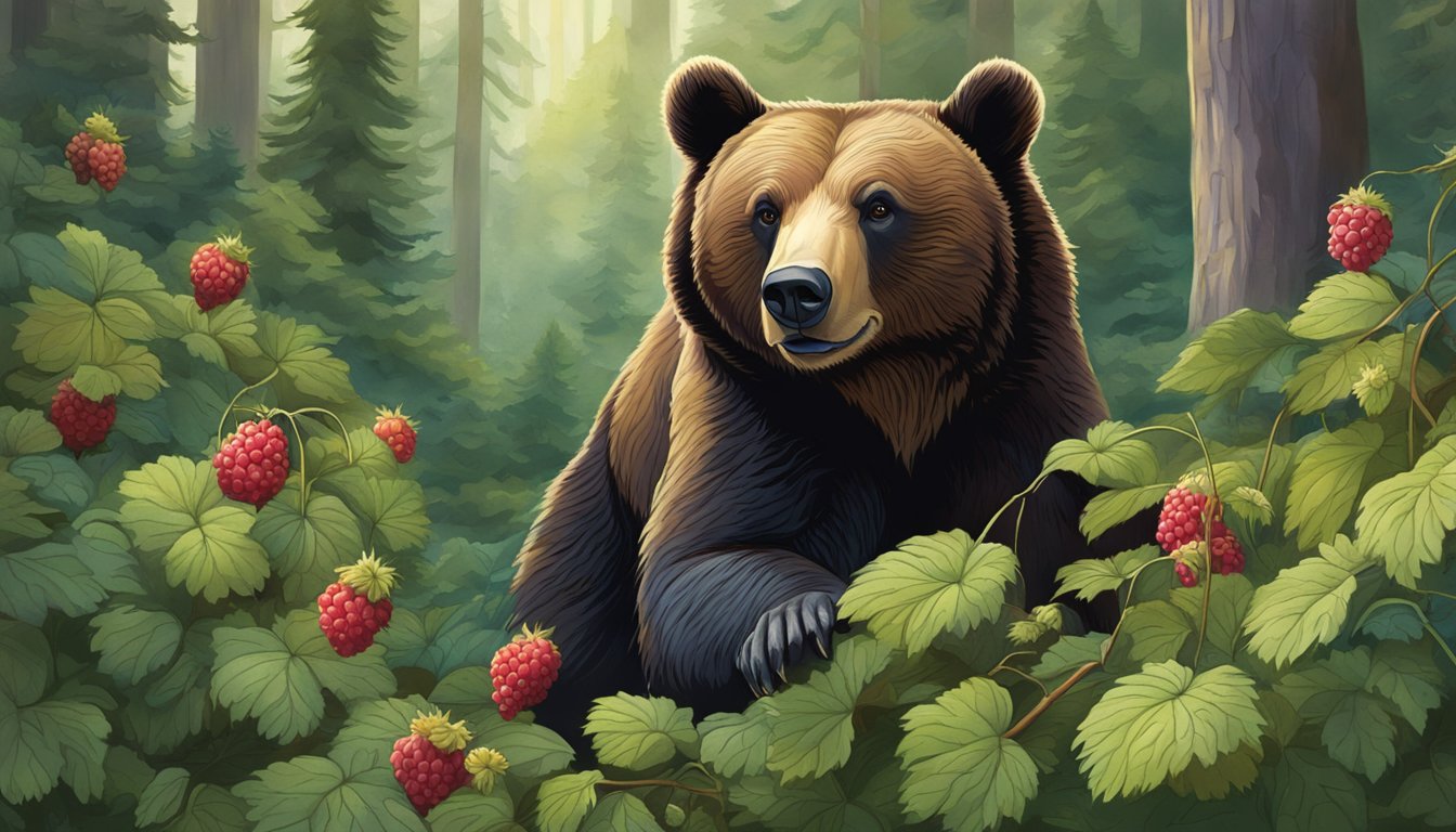 A bear reaching for ripe thimbleberries on a lush forest floor