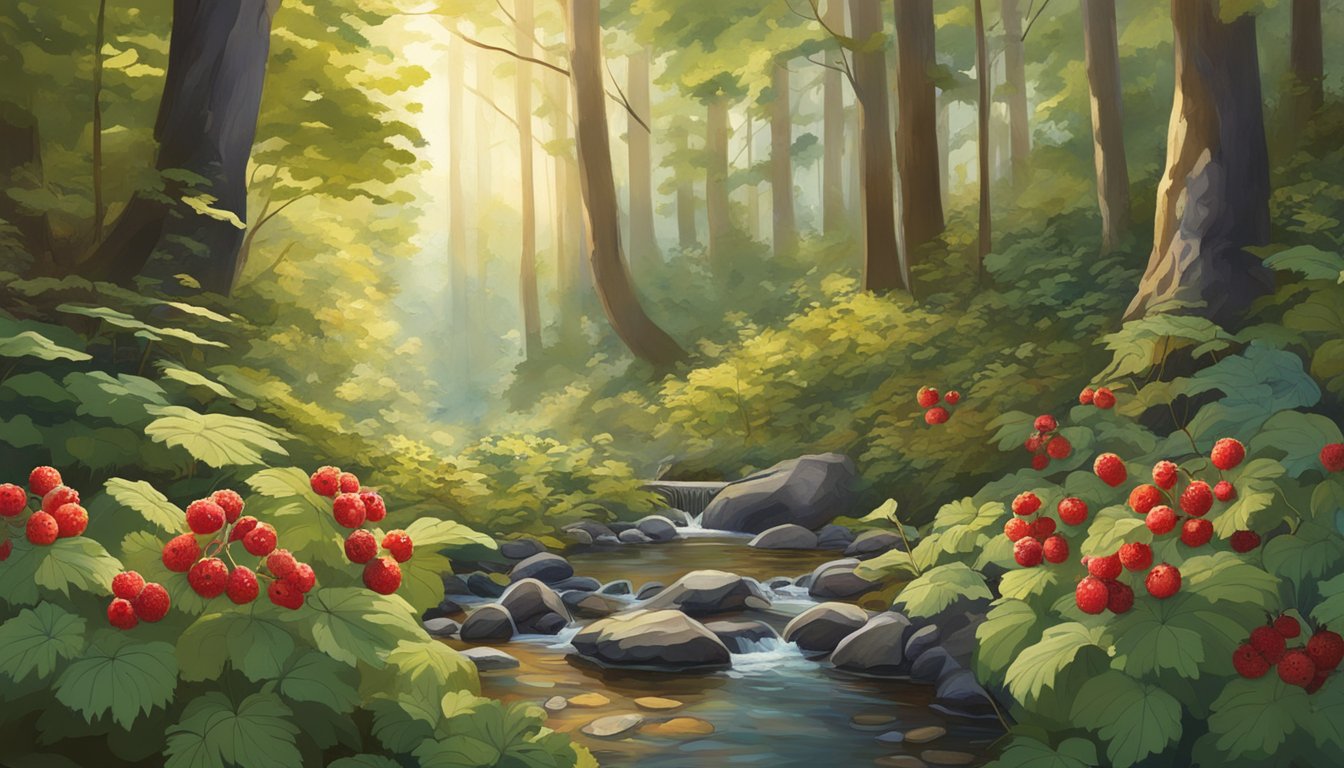 A lush forest floor with dappled sunlight, thimbleberry bushes laden with ripe red fruit, and a small stream nearby