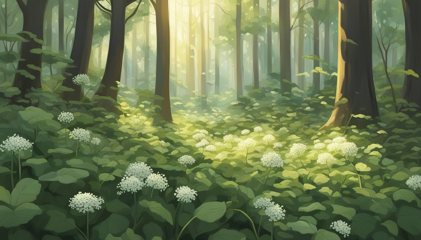 A lush forest floor, scattered with white snakeroot plants, as a small animal forages and harvests the leaves. Sunlight filters through the trees above