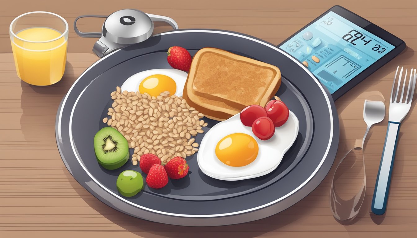 A breakfast plate with balanced portions of protein, whole grains, and fruits, alongside a blood sugar monitoring device