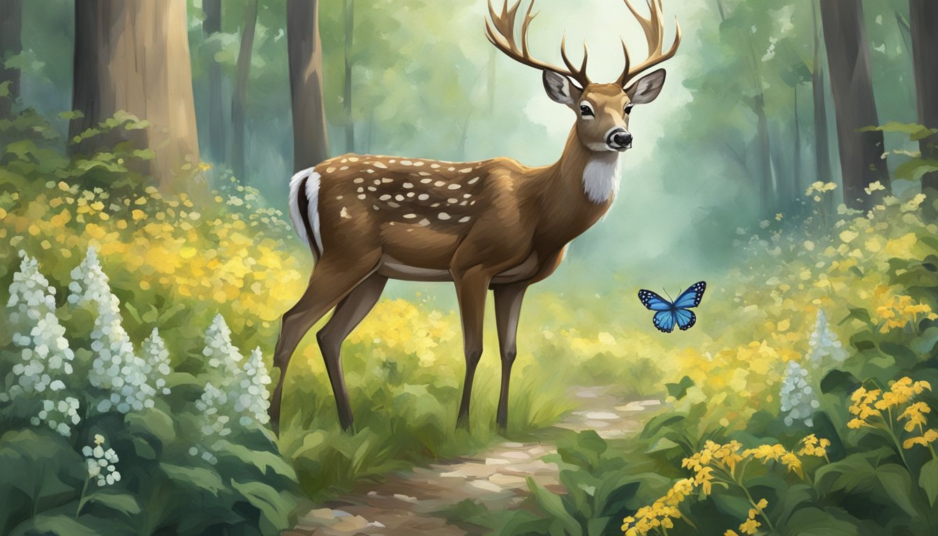 A deer browses on white snakeroot in a forest clearing, while a butterfly sips nectar from its flowers