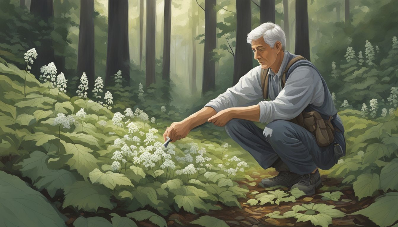 A figure carefully plucking white snakeroot from the forest floor