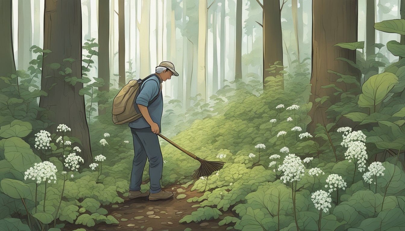 A forest floor with white snakeroot plants being foraged and harvested by a figure