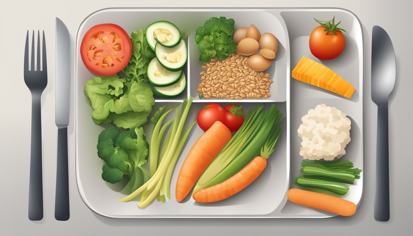 A plate divided into sections with protein, vegetables, and whole grains. A fork and knife placed neatly beside the plate