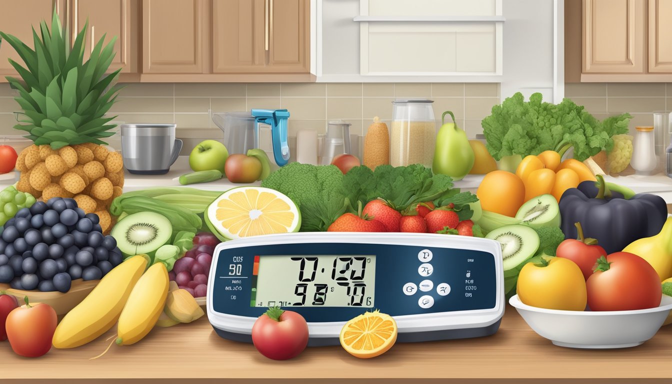 A kitchen counter with a variety of fresh fruits, vegetables, whole grains, lean proteins, and a blood glucose monitor