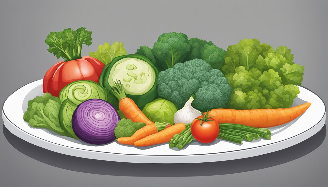 A colorful array of non-starchy vegetables arranged in a balanced manner on a plate, showcasing variety and volume for a balanced blood sugar friendly meal