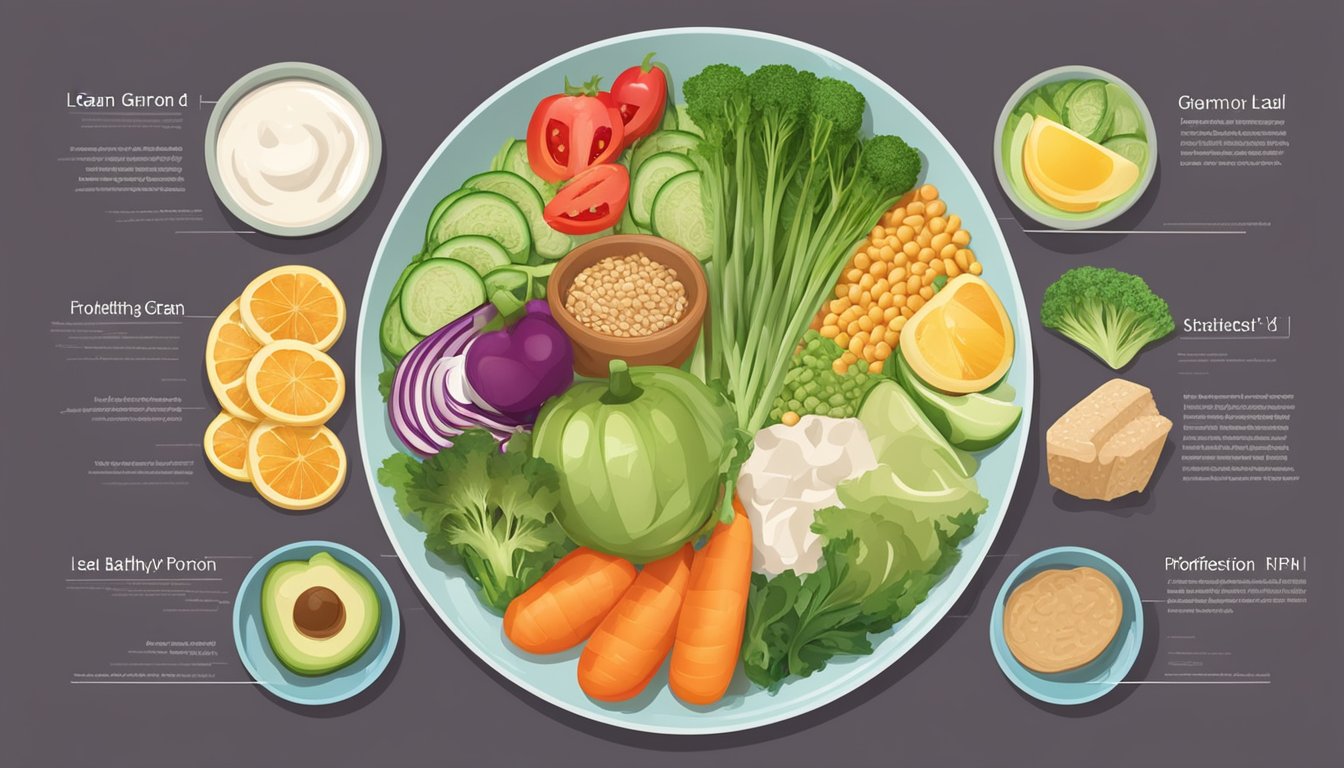 A colorful plate divided into sections with a variety of healthy food items such as vegetables, lean proteins, and whole grains