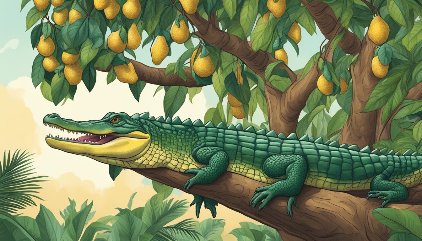 A person gathering ripe alligator pears from a lush, tropical tree