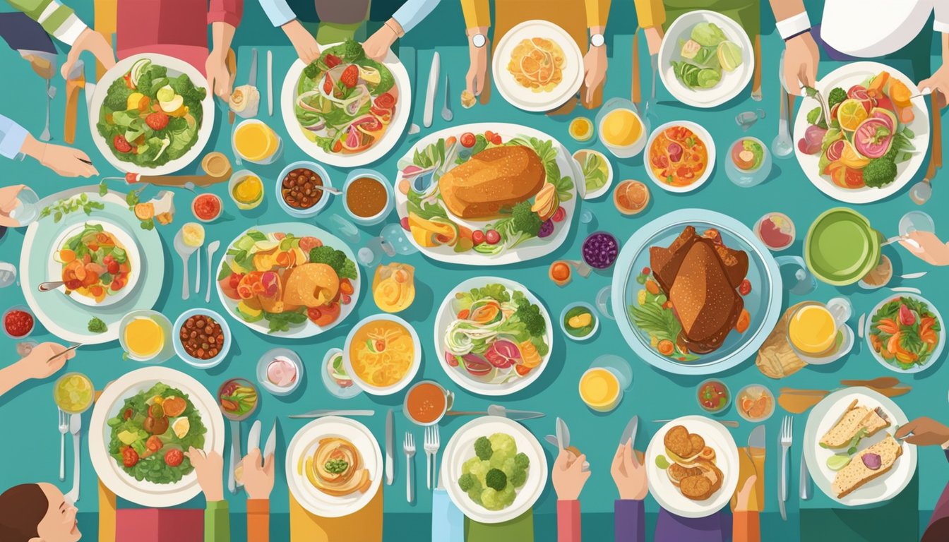 A beautifully set table with an array of colorful, diabetes-friendly dishes, surrounded by happy guests enjoying a delicious dinner party