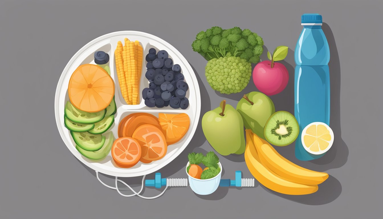 A colorful plate filled with balanced portions of fruits, vegetables, lean proteins, and whole grains, surrounded by a water bottle and exercise equipment