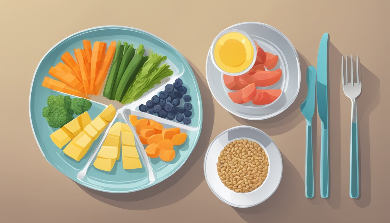 A colorful plate with sections for vegetables, grains, protein, and fruit. A glass of water sits next to the plate