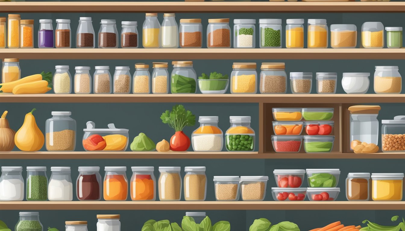 A bright, organized kitchen with a variety of fresh produce, whole grains, lean proteins, and sugar-free condiments neatly arranged in the pantry and refrigerator