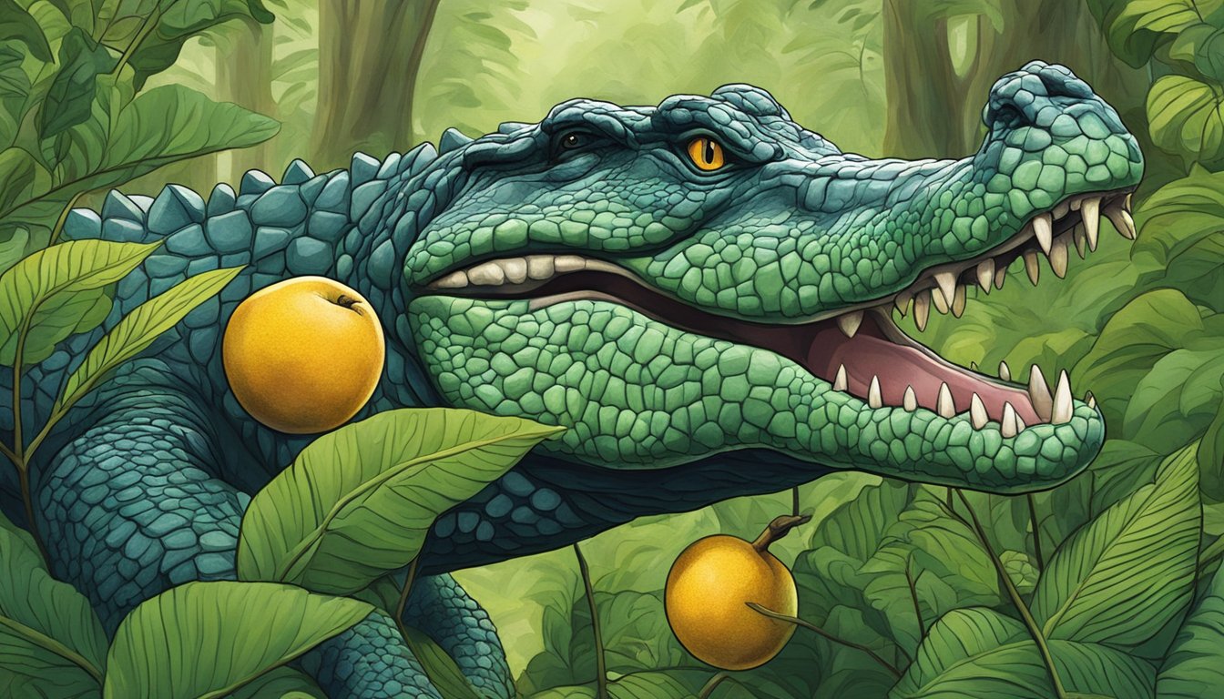 A hand reaching for a ripe alligator pear among lush green leaves and branches in a forest setting