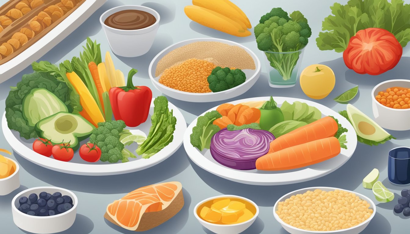 A colorful plate divided into sections, filled with balanced food groups like vegetables, lean proteins, and whole grains, surrounded by various healthy food choices