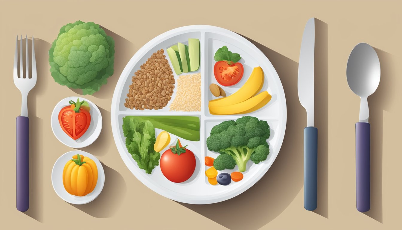 A colorful plate divided into sections with balanced portions of healthy foods like vegetables, lean proteins, and whole grains, symbolizing the diabetes plate method for managing blood sugar through diet