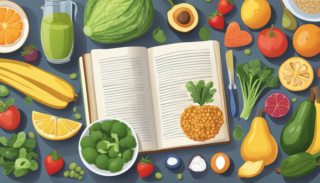 A colorful array of fresh fruits, vegetables, whole grains, and lean proteins arranged on a kitchen counter, with a measuring cup and a cookbook open to a page on diabetes-friendly recipes