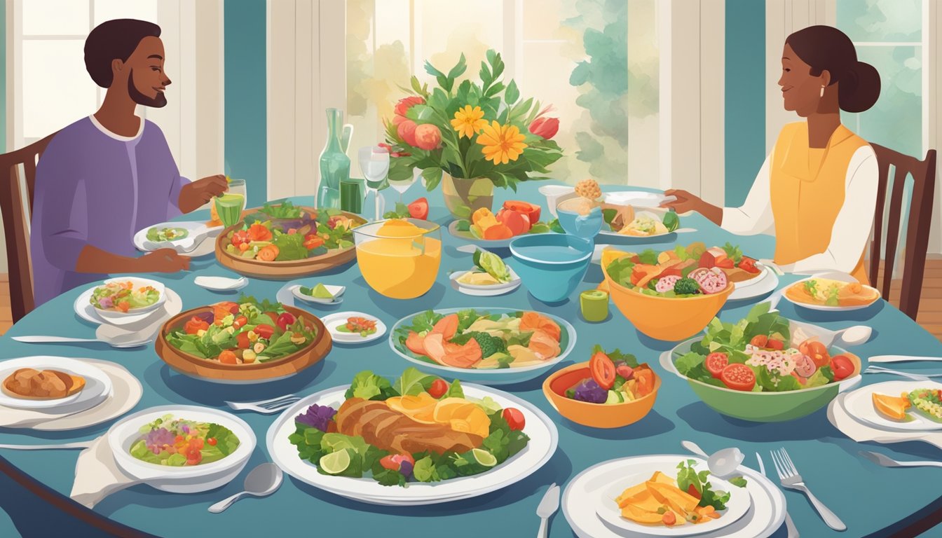 A beautifully set dinner table with colorful, healthy dishes and tasteful decorations. Guests are enjoying the diabetes-friendly meal and engaging in lively conversation