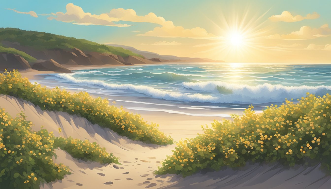 A sandy beach with scattered beach plum bushes, waves crashing in the background, and a bright sun overhead