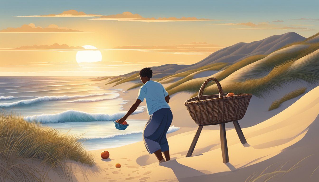 A figure bends over sandy dunes, gathering ripe beach plums in a woven basket, with the ocean waves crashing in the background