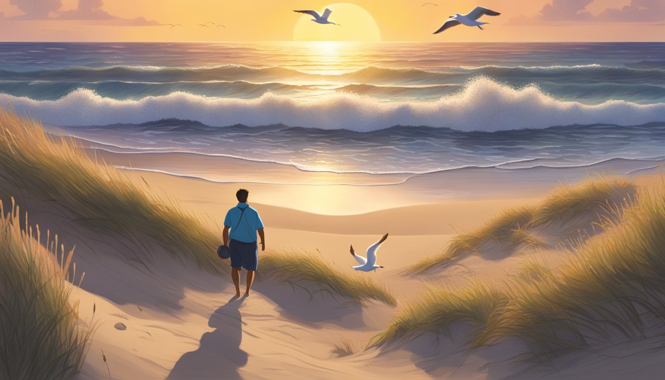 A figure gathers ripe beach plums from the sandy shore, surrounded by dunes and crashing waves. Seagulls circle overhead as the sun sets on the horizon