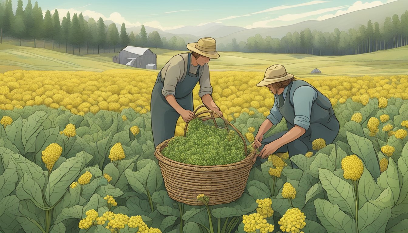 An illustration of a field with biscuitroot plants being carefully harvested and gathered in a basket