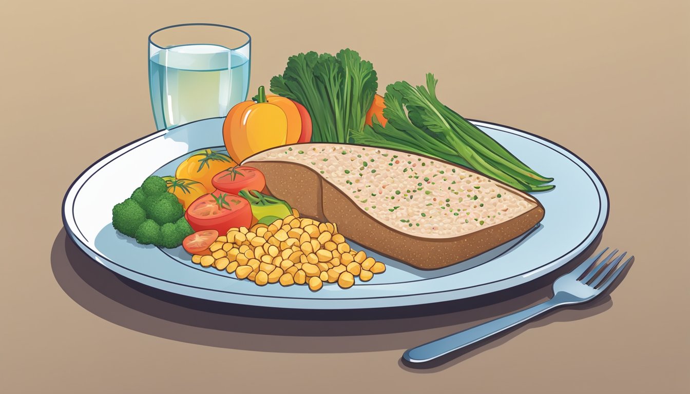 A plate with a balanced meal of lean protein, whole grains, and plenty of colorful vegetables, alongside a glass of water