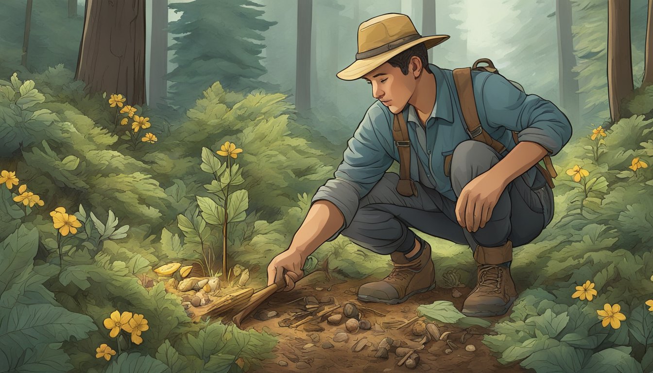 An illustration of someone using a digging stick to carefully harvest wild biscuitroot from the forest floor, surrounded by various foraging tools and techniques