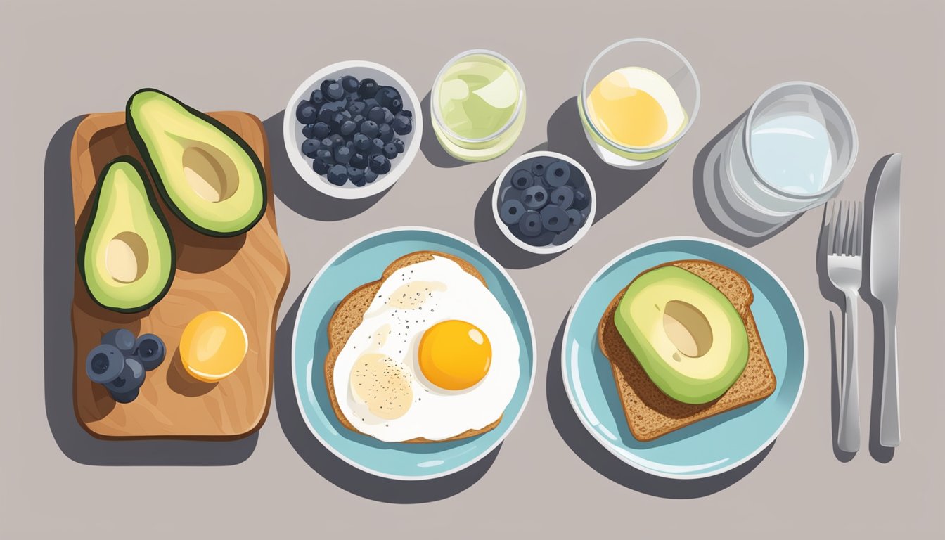 A breakfast table with a balanced meal including whole grains, lean protein, and healthy fats. A plate of eggs, avocado, and whole grain toast, alongside a bowl of berries and a glass of water