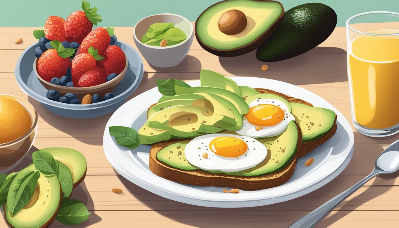 A table set with a balanced breakfast: whole grain toast, avocado, eggs, and a bowl of fresh fruit. A small plate of nuts and seeds sits nearby