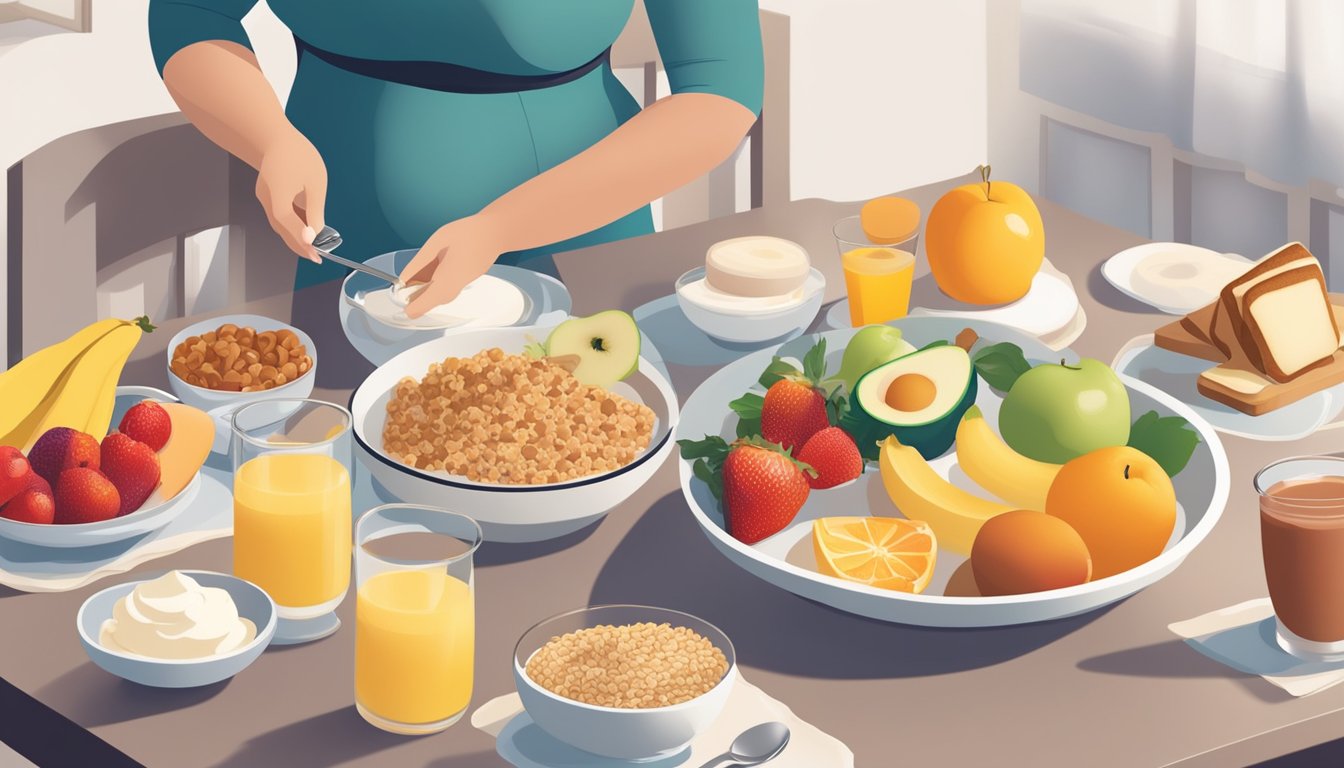 A table set with a variety of diabetes-friendly breakfast options, including fruits, whole grains, and low-fat dairy products, with a pregnant woman's silhouette in the background