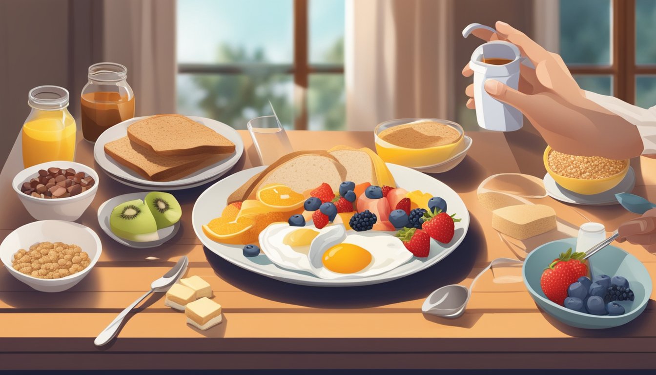 A breakfast table with a variety of foods including fruits, whole grain bread, and sugar-free sweeteners, with a person checking their blood sugar levels