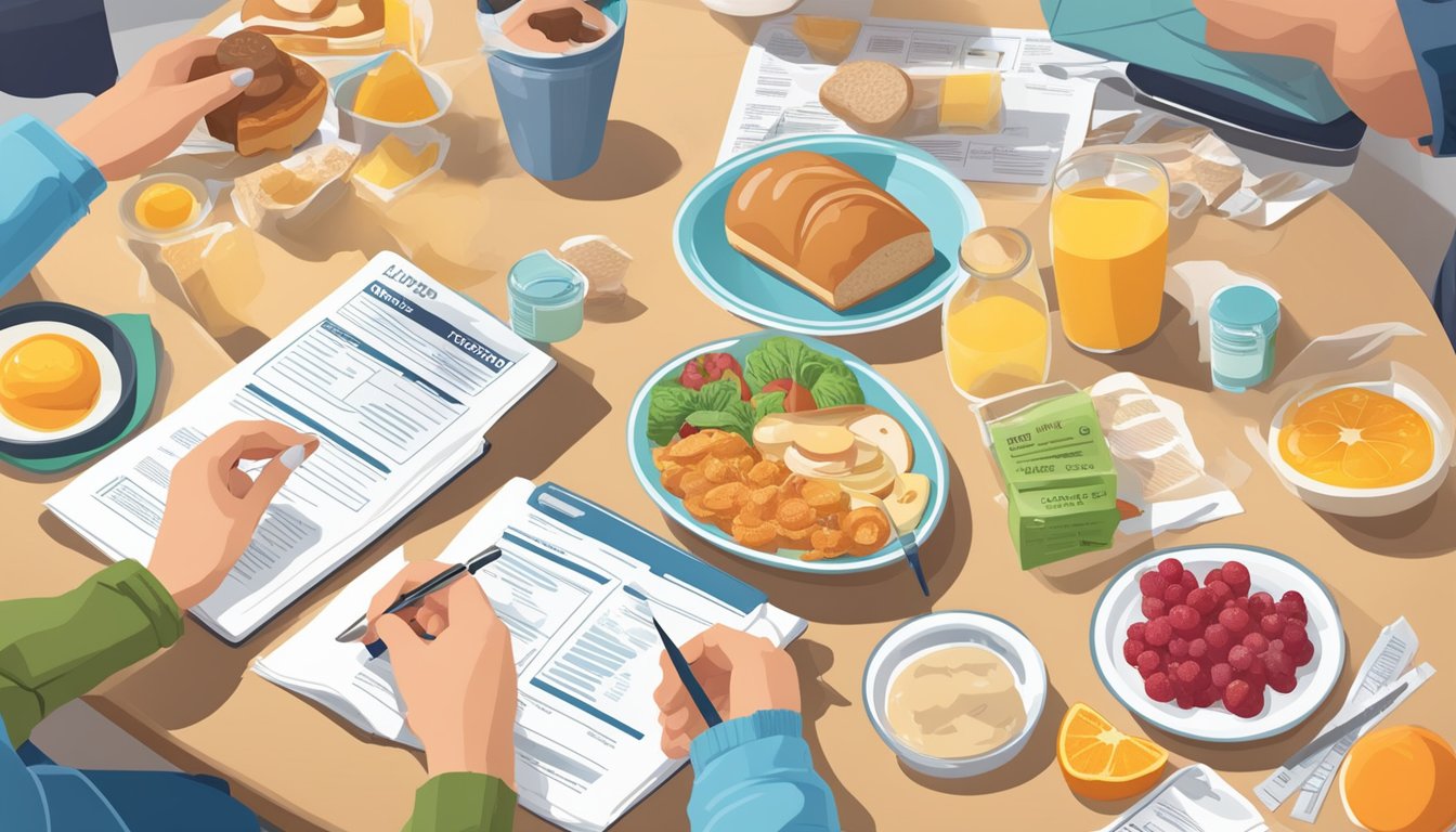 A person measuring out portions of food and reading nutrition labels at a breakfast table, surrounded by diabetes education materials