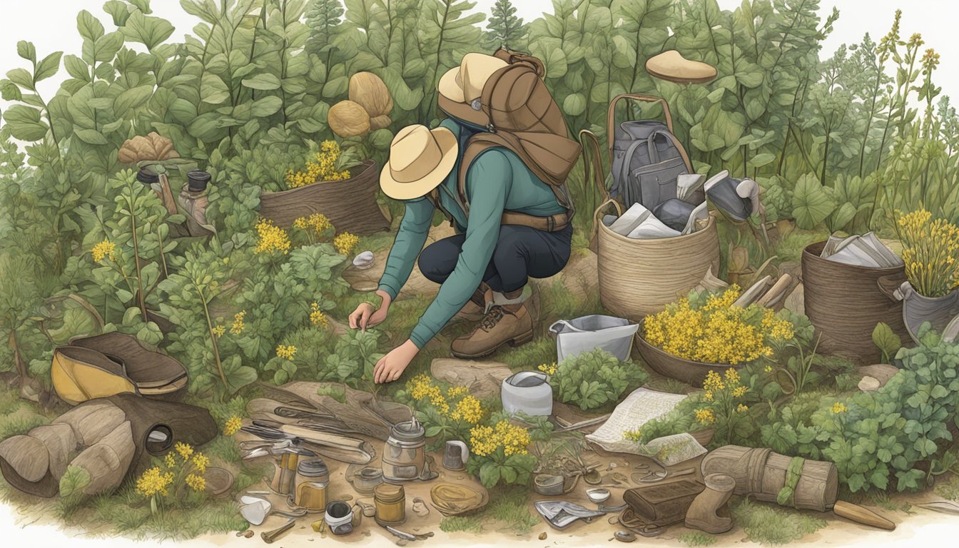 A field guide open on the ground, surrounded by wild biscuitroot plants and foraging tools