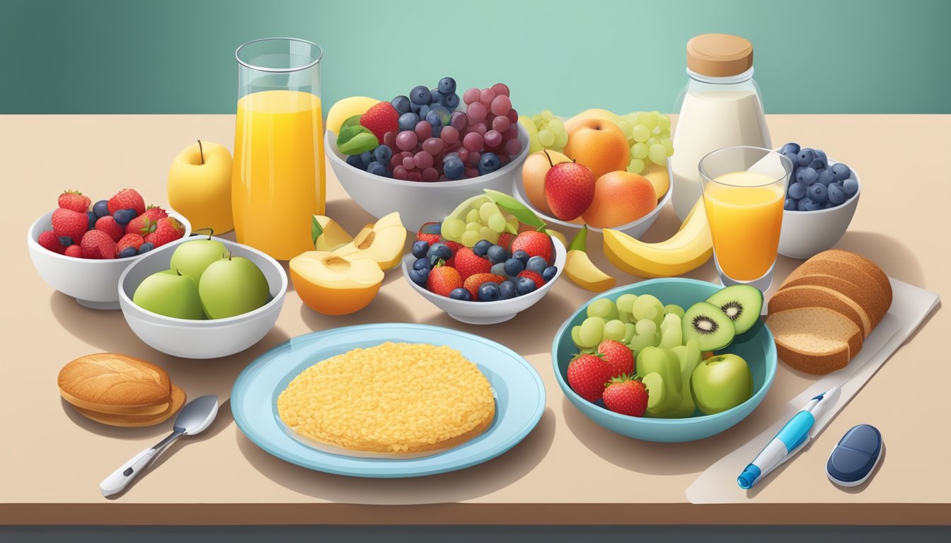 A breakfast table with a variety of healthy food options, such as fruits, whole grains, and low-fat dairy, alongside a blood glucose monitor and insulin pen